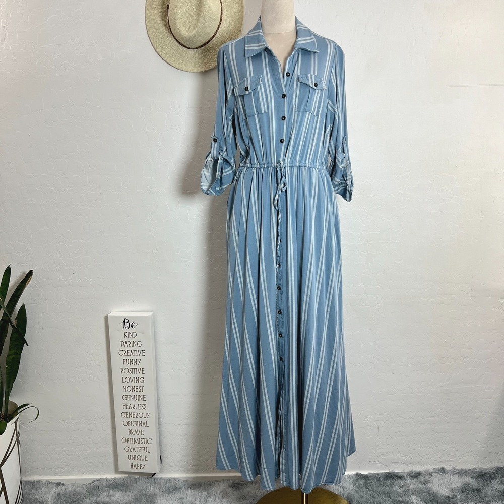 Torrid 00 blue white stripe chambray dress pockets coastal nautical beach casual